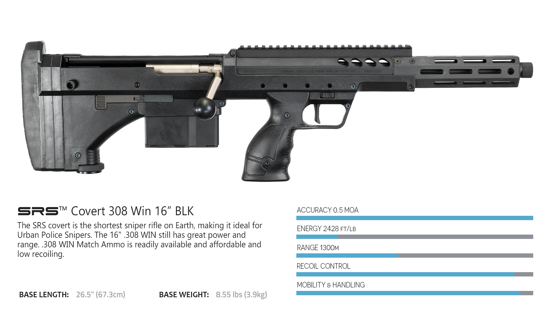 SRSA2 Rifle, Covert 308Win 16" 6rd BLK/BLK